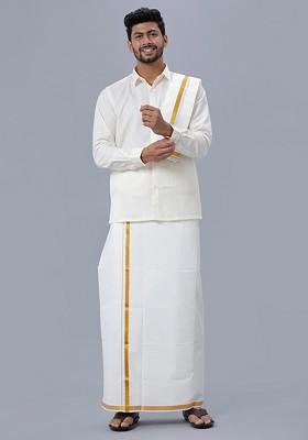 Cream Pure Cotton Shirt And Single Layer Dhoti For Men