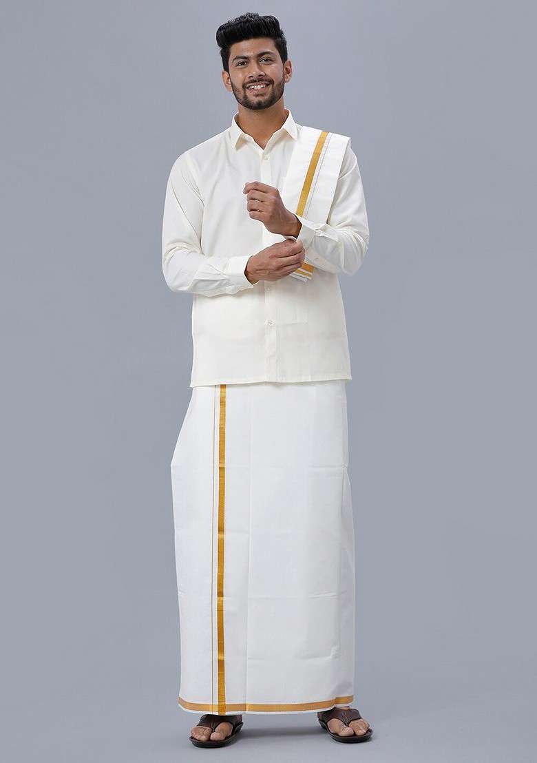 Cream Pure Cotton Shirt And Single Layer Dhoti For Men - Indya