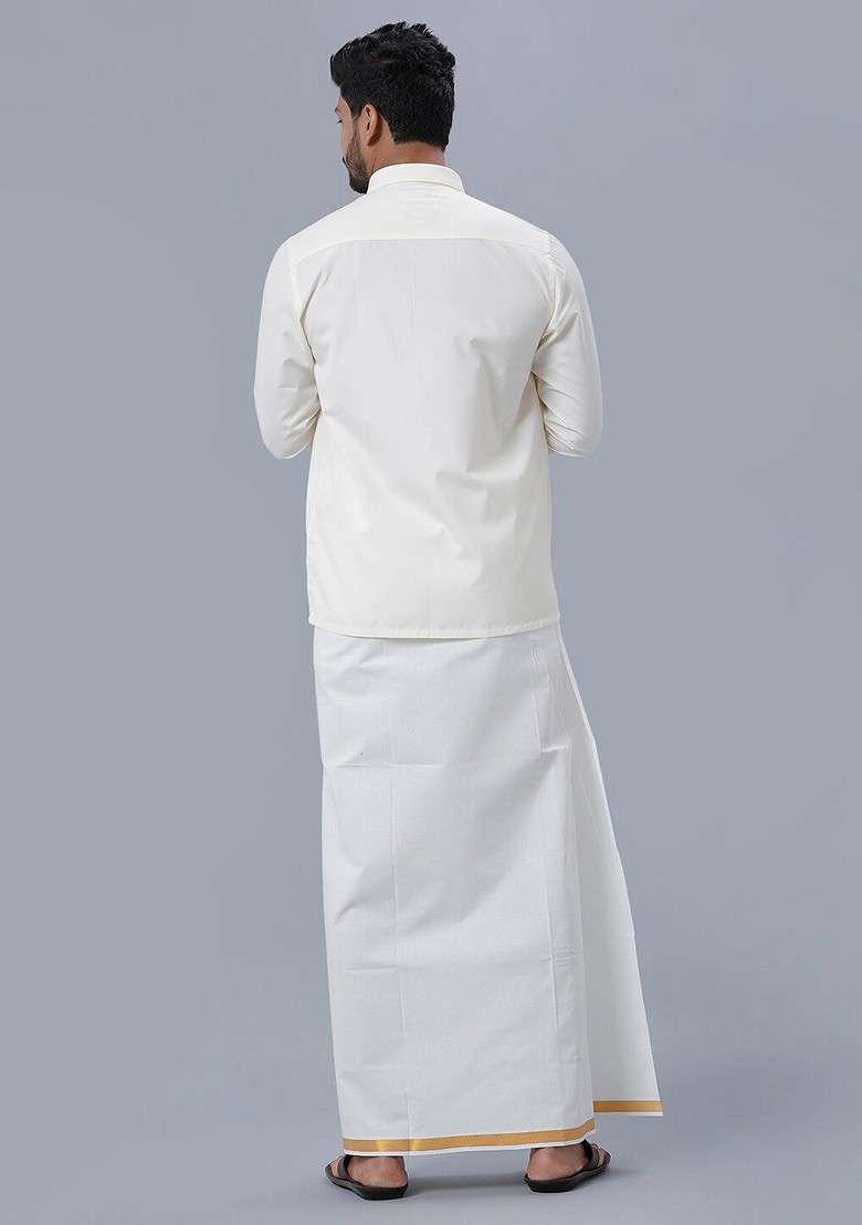Cream Pure Cotton Shirt And Single Layer Dhoti For Men - Indya