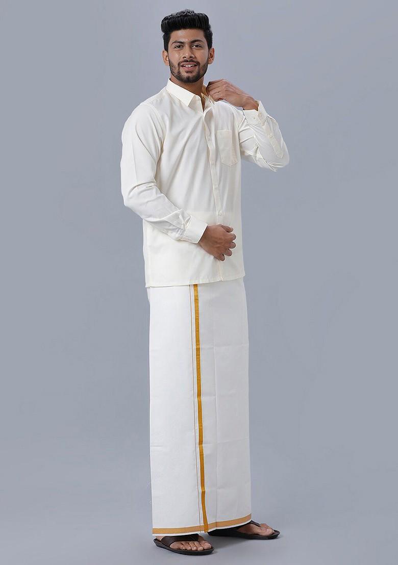 Cream Pure Cotton Shirt And Single Layer Dhoti For Men - Indya