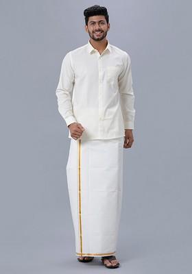 Cream Pure Cotton Shirt And Single Layer Dhoti For Men