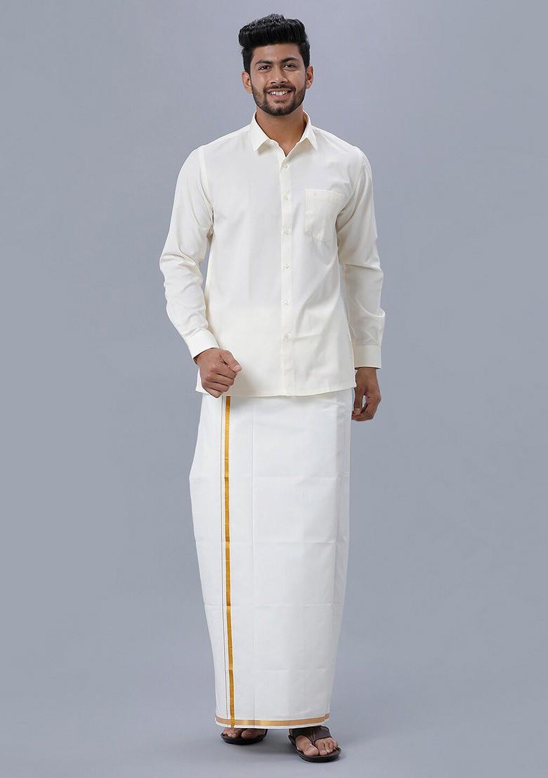 Cream Pure Cotton Shirt And Single Layer Dhoti For Men - Indya