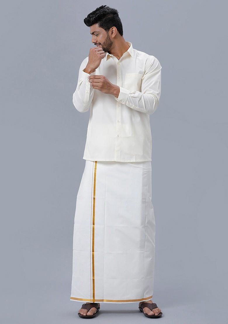 Cream Pure Cotton Shirt And Single Layer Dhoti For Men