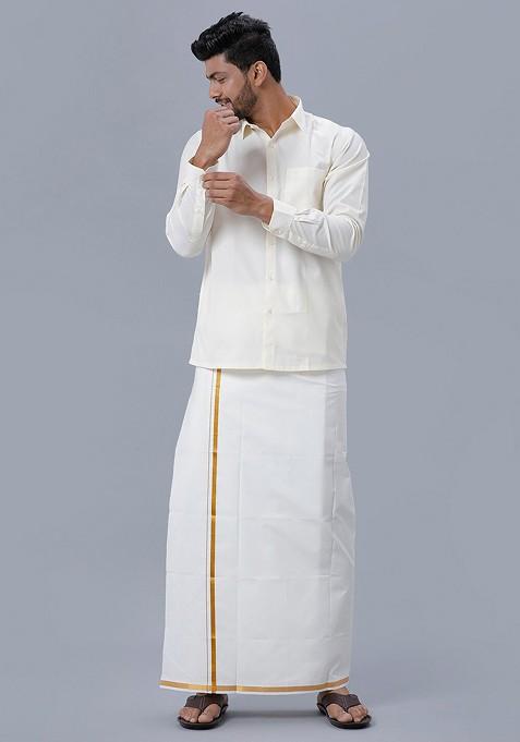Cream Pure Cotton Shirt And Single Layer Dhoti For Men