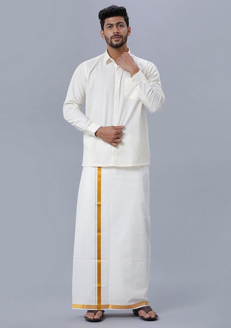 Cream Pure Cotton Shirt With Zari Bordered Dhoti For Men - Indya