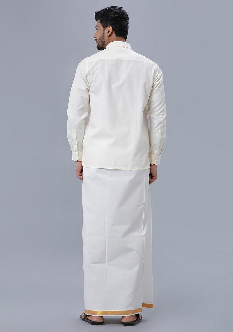 Cream Pure Cotton Shirt With Zari Bordered Dhoti For Men - Indya