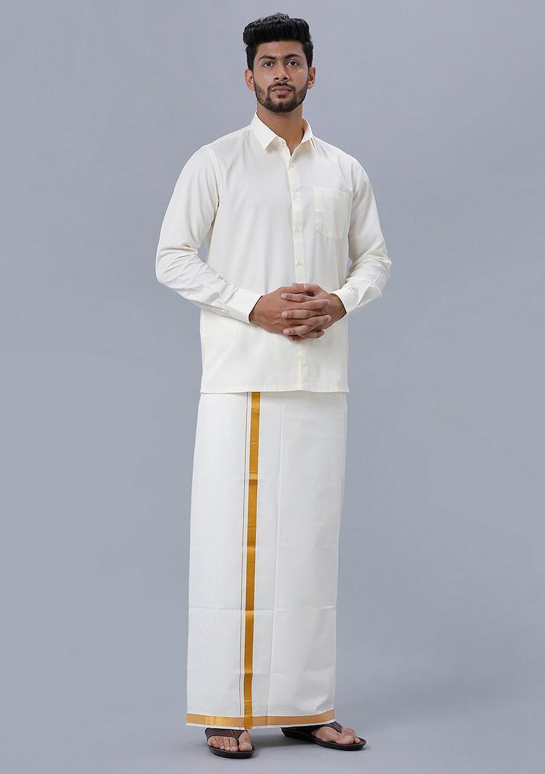 Cream Pure Cotton Shirt With Zari Bordered Dhoti For Men