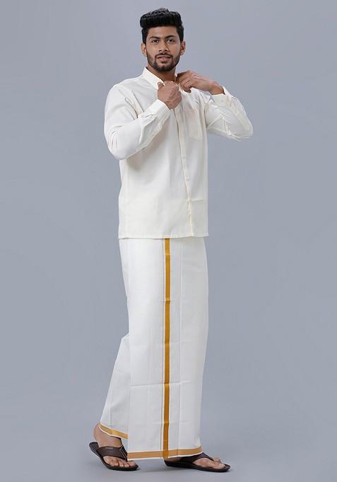 Cream Pure Cotton Shirt With Zari Bordered Dhoti For Men