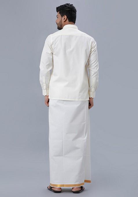 Cream Pure Cotton Shirt With Zari Bordered Dhoti For Men