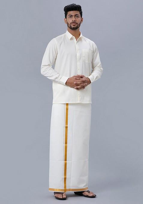 Cream Pure Cotton Shirt With Zari Bordered Dhoti For Men