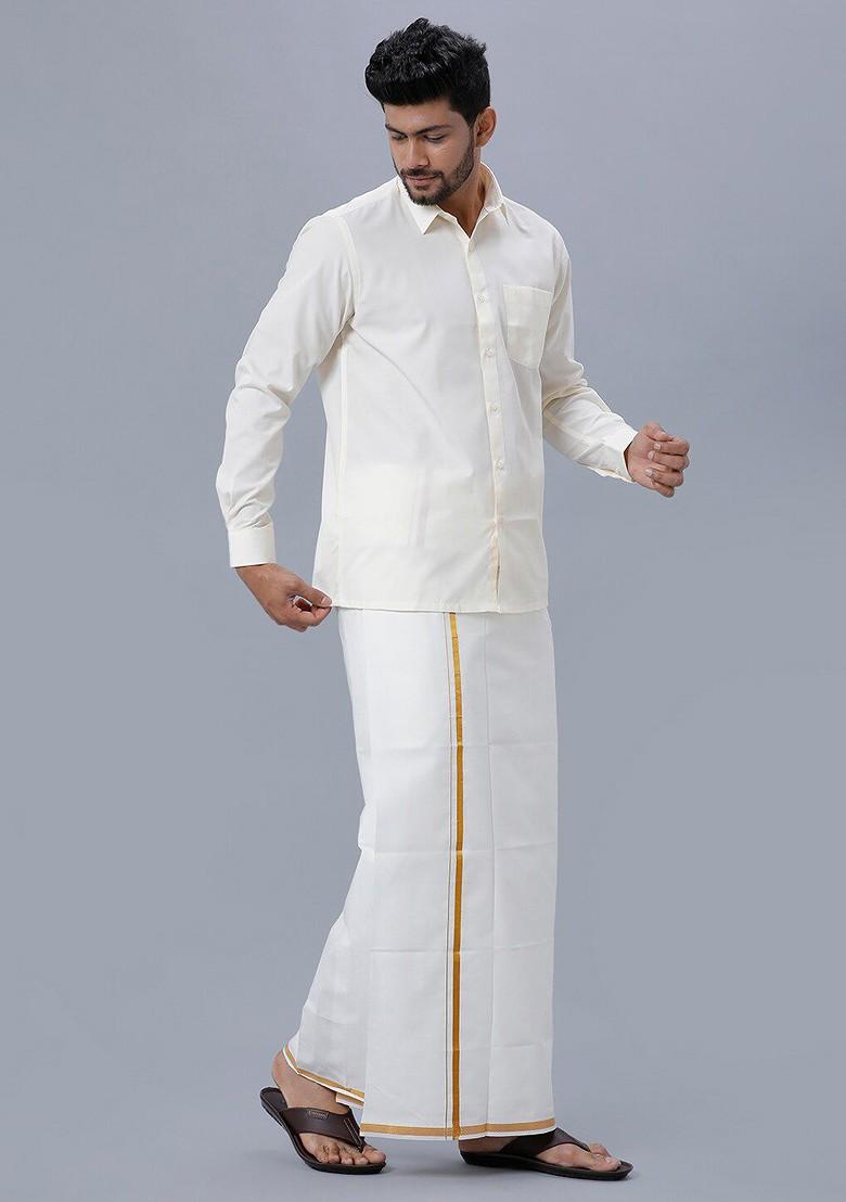 Cream Pure Cotton Shirt With Zari Bordered Dhoti For Men