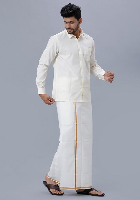 Cream Pure Cotton Shirt With Zari Bordered Dhoti For Men