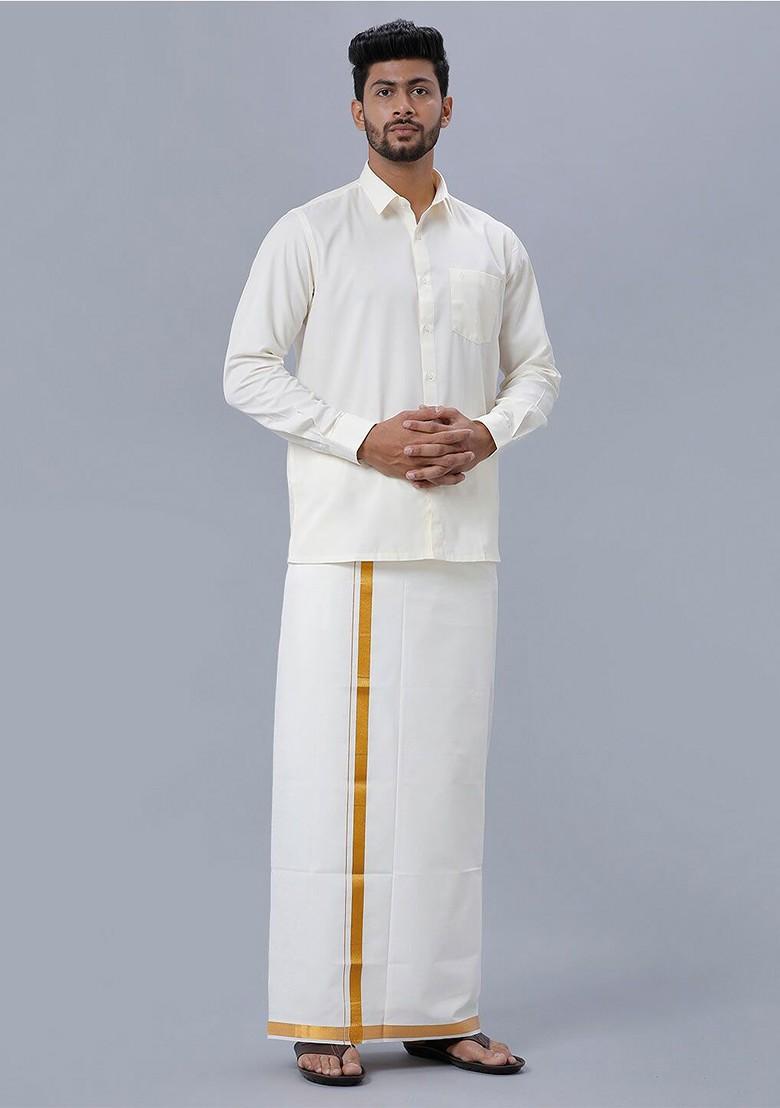 Cream Pure Cotton Shirt With Zari Bordered Dhoti For Men - Indya