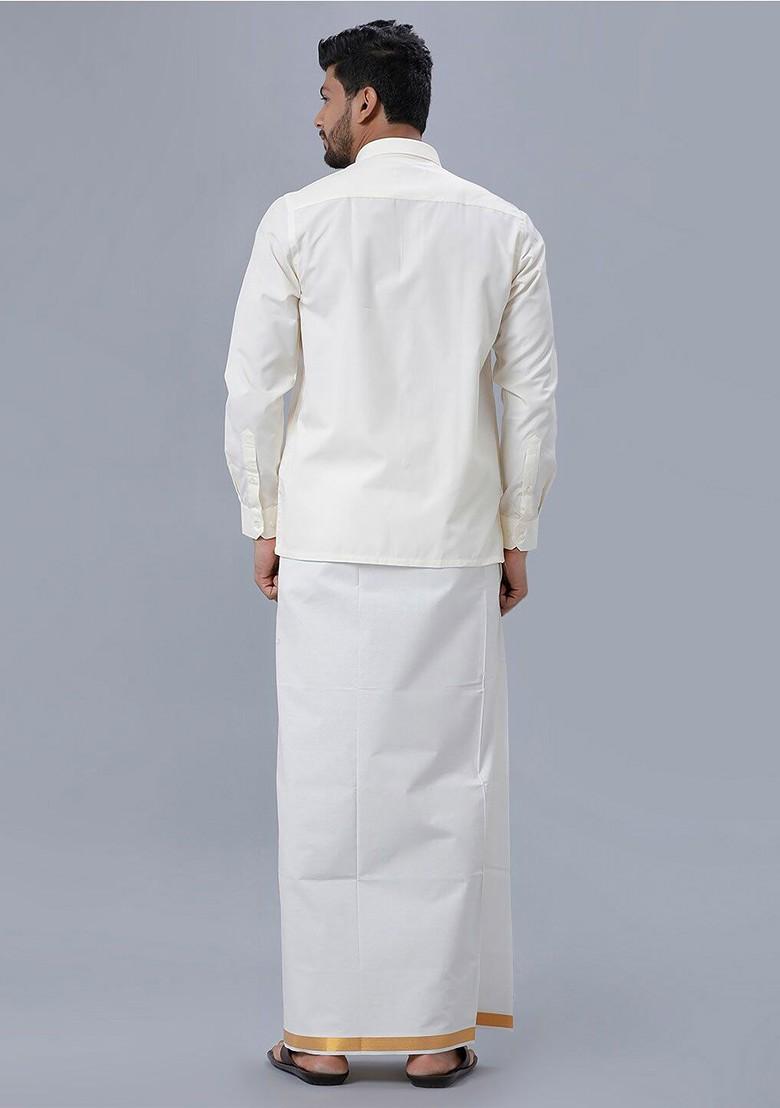 Cream Pure Cotton Shirt With Zari Bordered Dhoti For Men