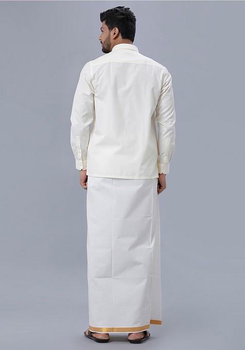 Cream Pure Cotton Shirt With Zari Bordered Dhoti For Men