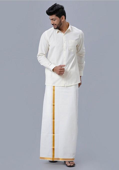 Cream Pure Cotton Shirt With Zari Bordered Dhoti For Men