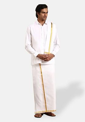 White Pure Cotton White Full Sleeves Shirt With Double Dhoti; Towel And Belt For Men