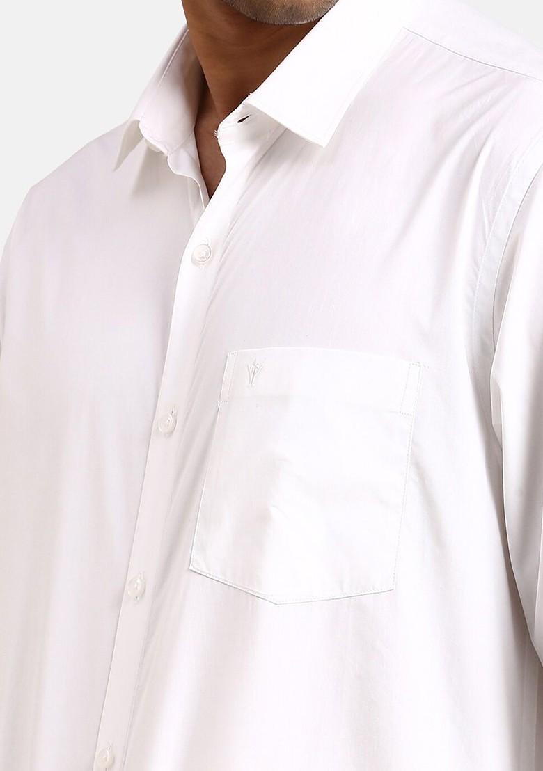 White Pure Cotton White Full Sleeves Shirt With Double Dhoti; Towel And Belt For Men - Indya