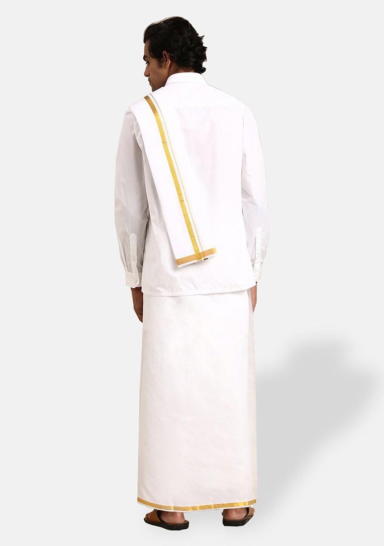 White Pure Cotton White Full Sleeves Shirt With Double Dhoti; Towel And Belt For Men - Indya