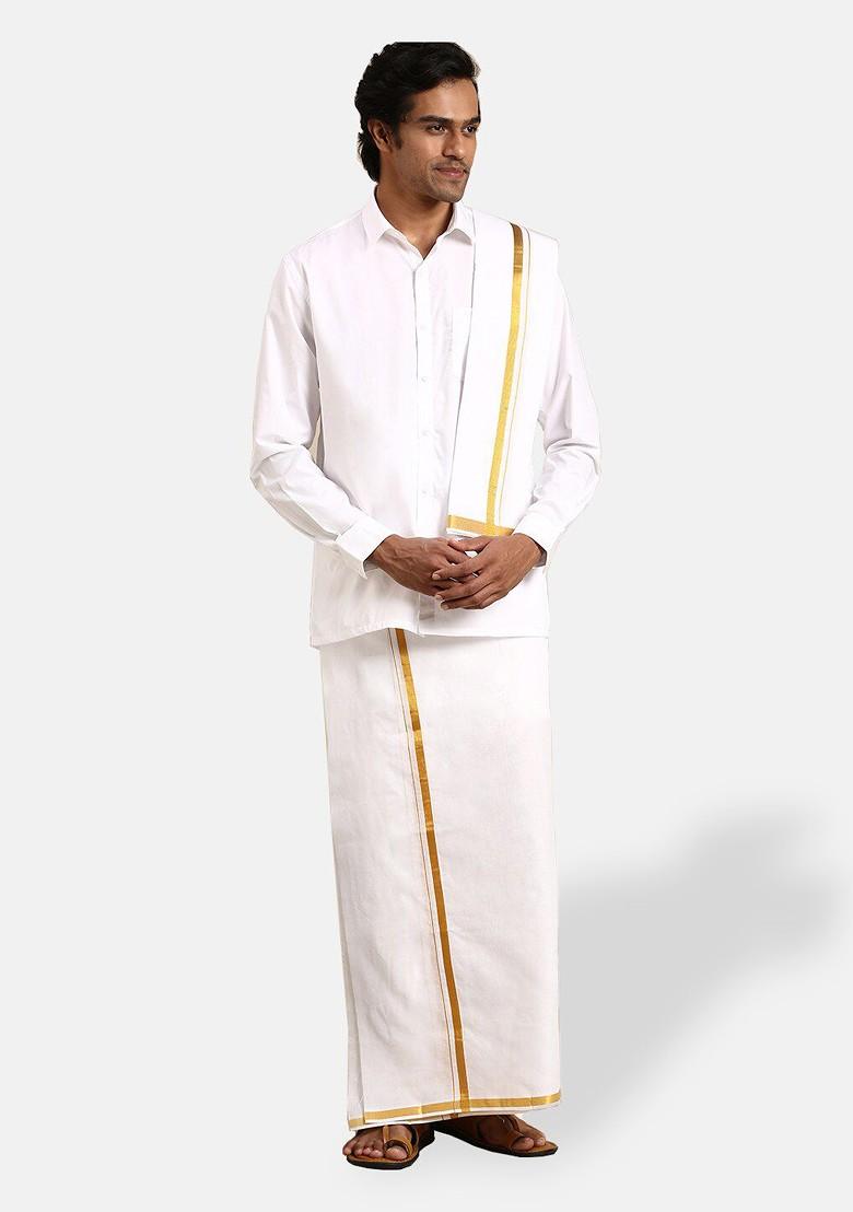 White Pure Cotton White Full Sleeves Shirt With Double Dhoti; Towel And Belt For Men