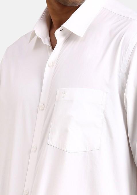 White Pure Cotton White Full Sleeves Shirt With Double Dhoti; Towel And Belt For Men