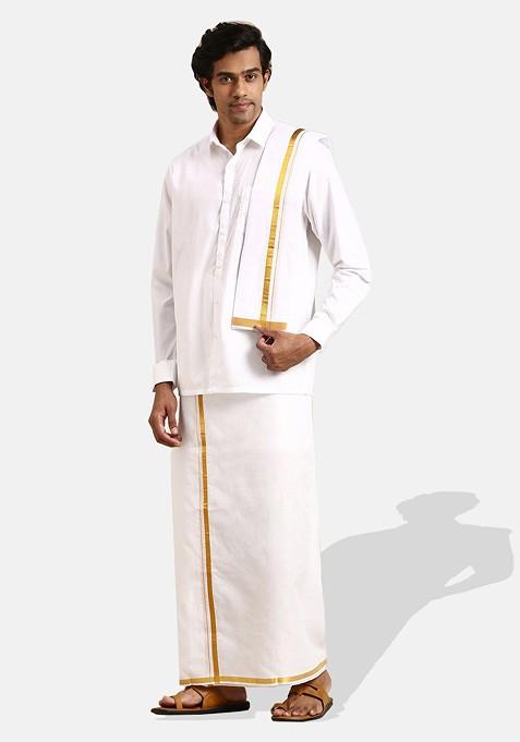 White Pure Cotton White Full Sleeves Shirt With Double Dhoti; Towel And Belt For Men