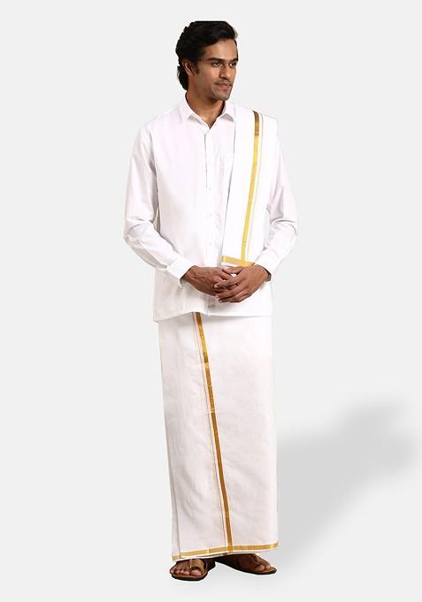 White Pure Cotton White Full Sleeves Shirt With Double Dhoti; Towel And Belt For Men