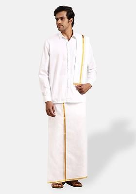 White Pure Cotton Shirt Double Dhoti Towel And Belt For Men