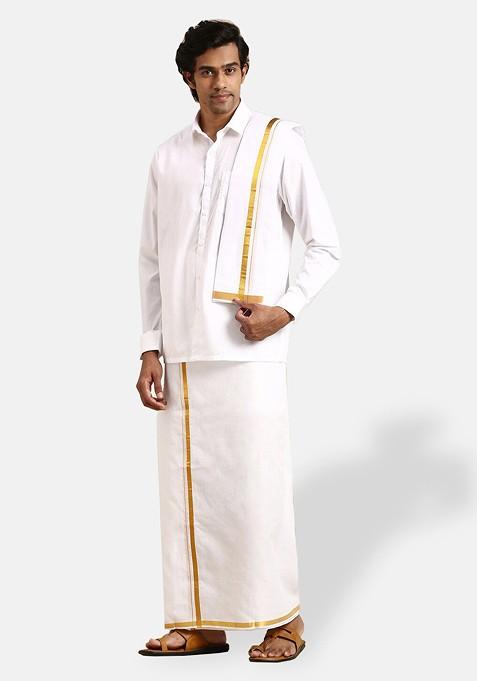 White Pure Cotton Shirt Double Dhoti Towel And Belt For Men