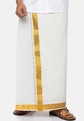 Cream Cotton Solid Gold Jari Border Double Layer Dhoti For Men
