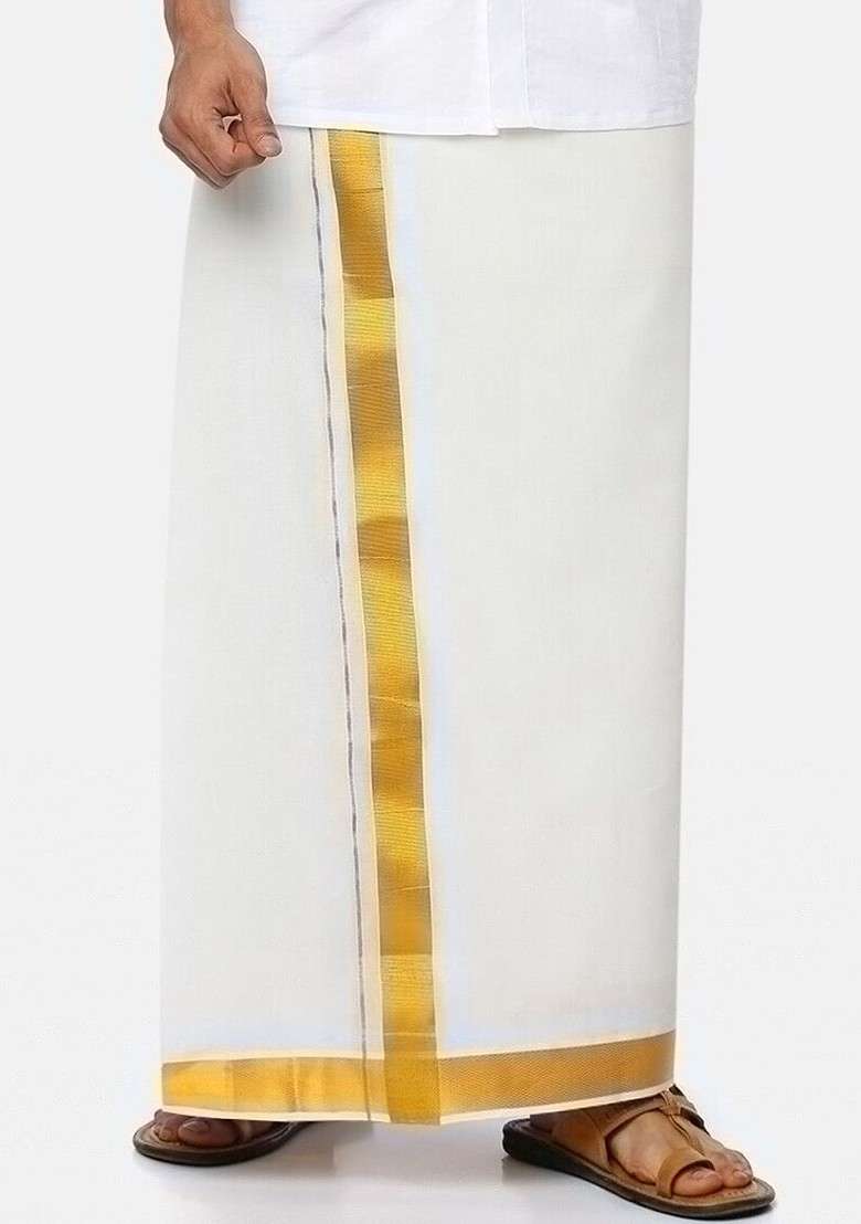 Cream Cotton Solid Gold Jari Border Double Layer Dhoti For Men - Indya