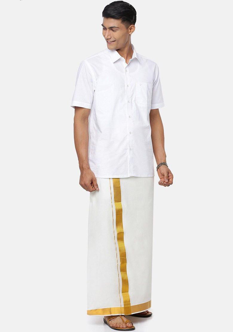 Cream Cotton Solid Gold Jari Border Double Layer Dhoti For Men - Indya