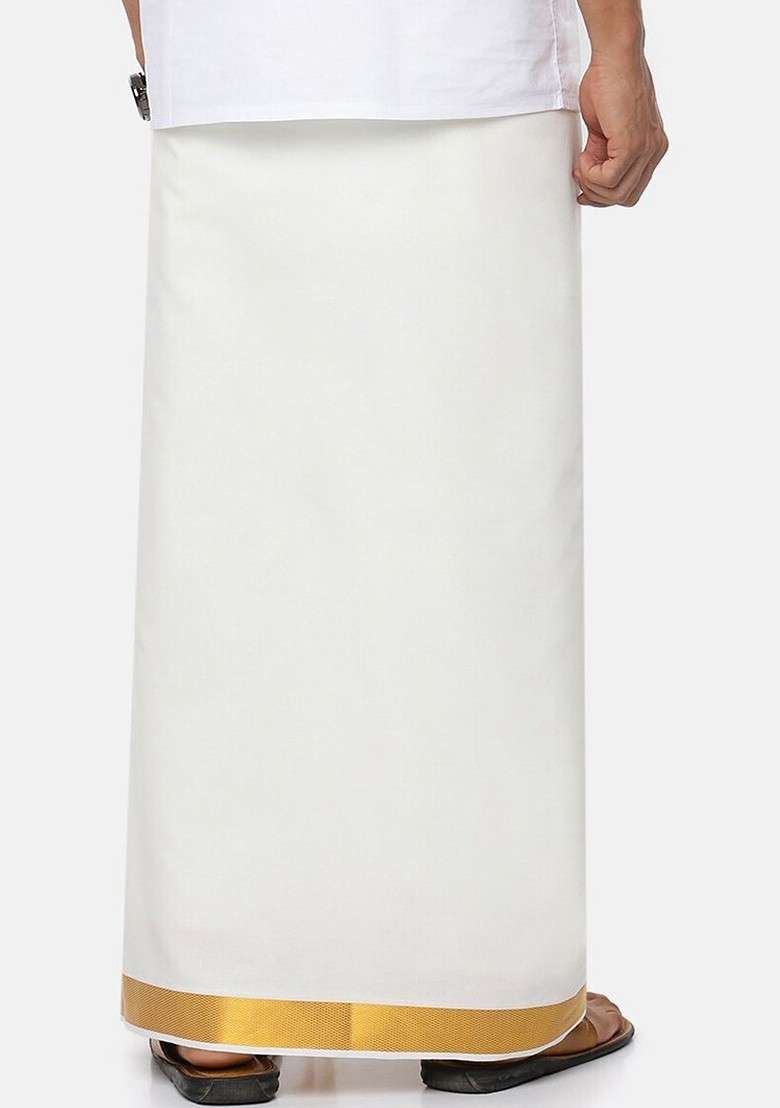 Cream Cotton Solid Gold Jari Border Double Layer Dhoti For Men - Indya