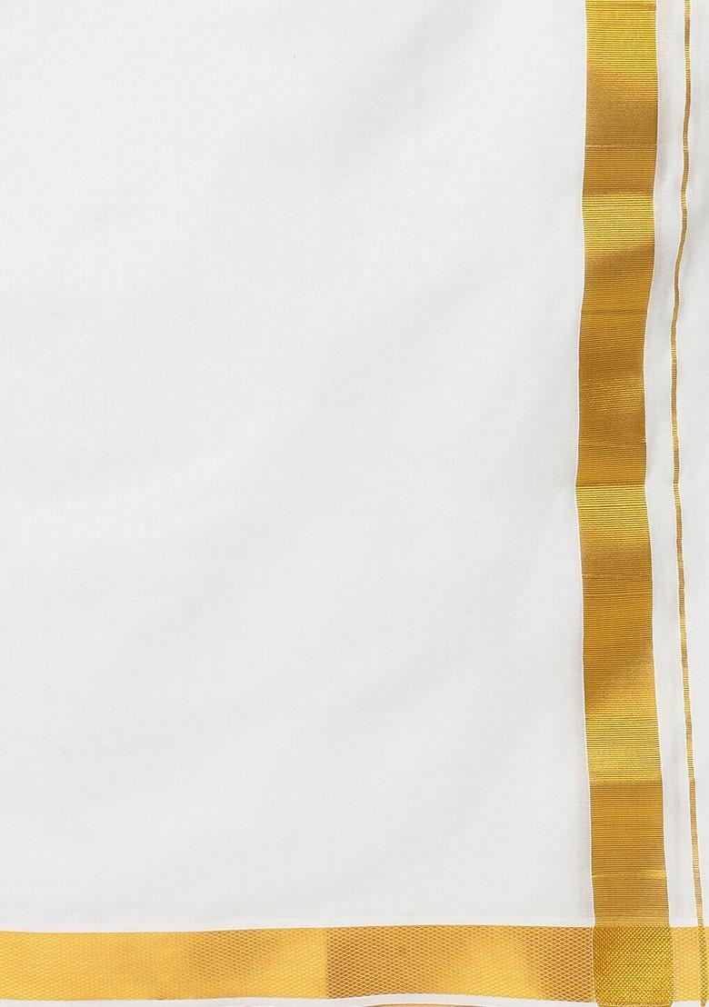 Cream Cotton Solid Gold Jari Border Double Layer Dhoti For Men - Indya