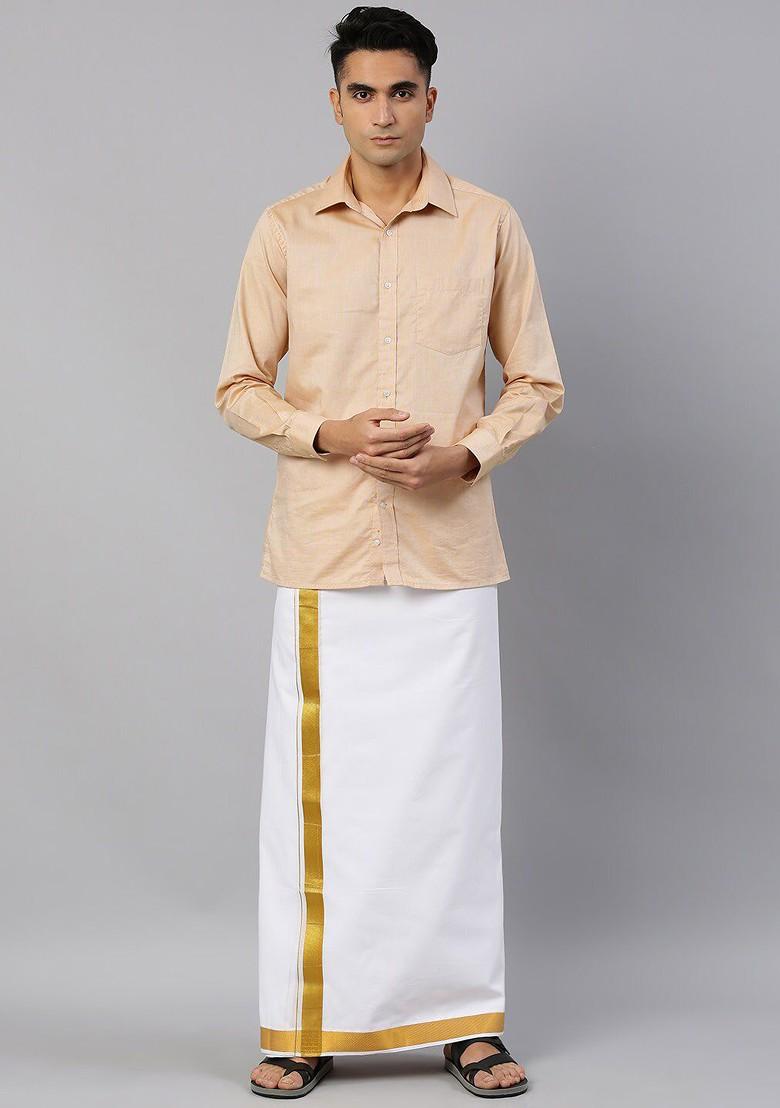 White Cotton White Solid Gold Jari Border Double Layer Dhoti For Men - Indya