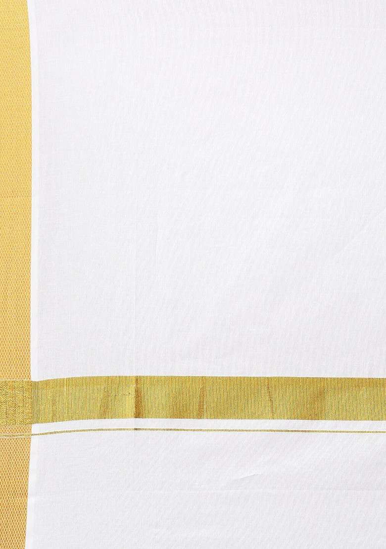 White Cotton White Solid Gold Jari Border Double Layer Dhoti For Men - Indya