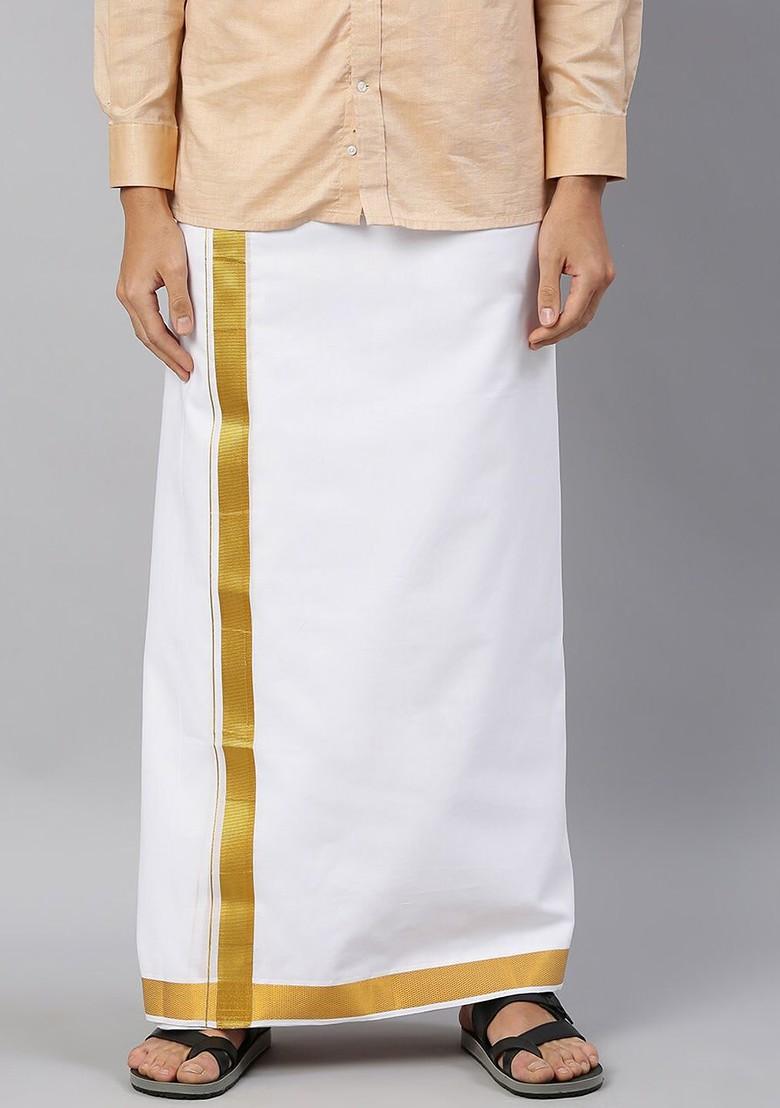 White Cotton White Solid Gold Jari Border Double Layer Dhoti For Men - Indya
