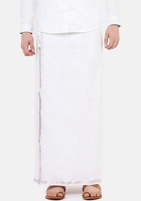 White Cotton Solid Zari Border Double Layer Dhoti For Men
