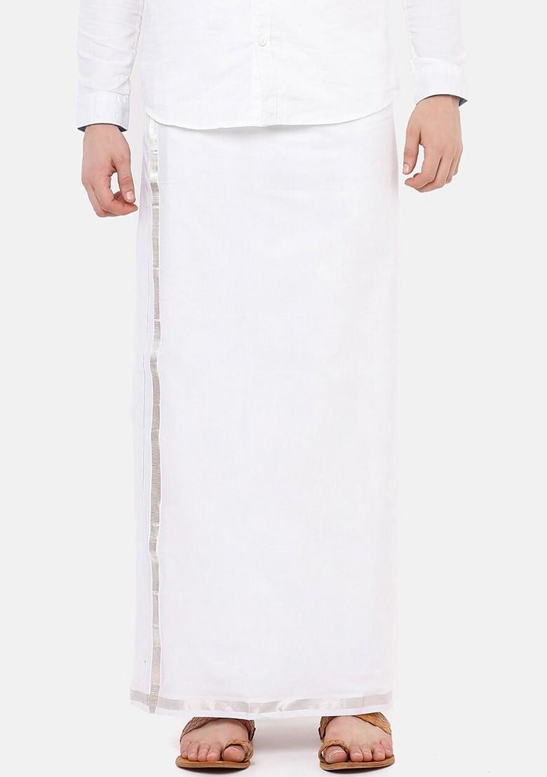 White Cotton Solid Zari Border Double Layer Dhoti For Men - Indya