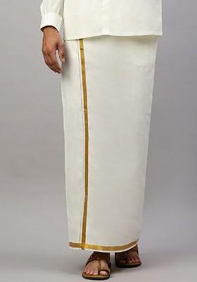 Cream Solid Cotton Adjustable Dhoti With Border For Men