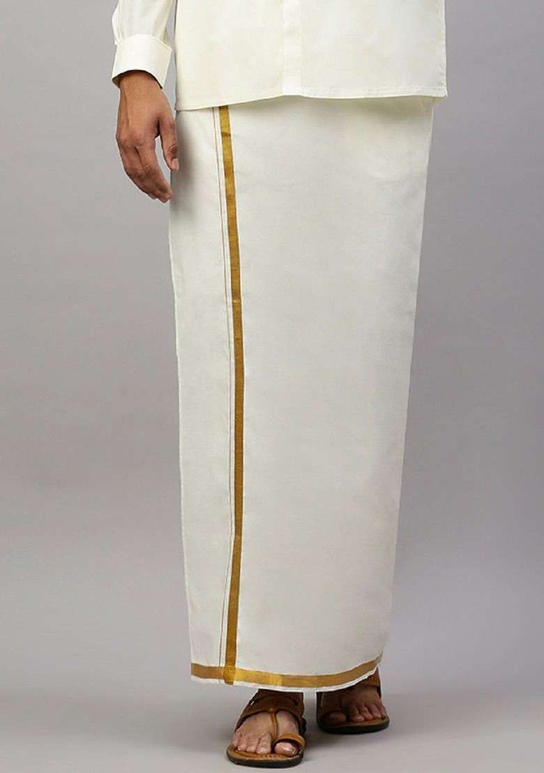 Cream Solid Cotton Adjustable Dhoti With Border For Men - Indya