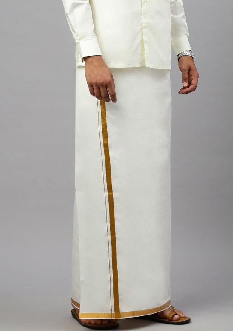 Cream Solid Cotton Adjustable Dhoti With Border For Men - Indya