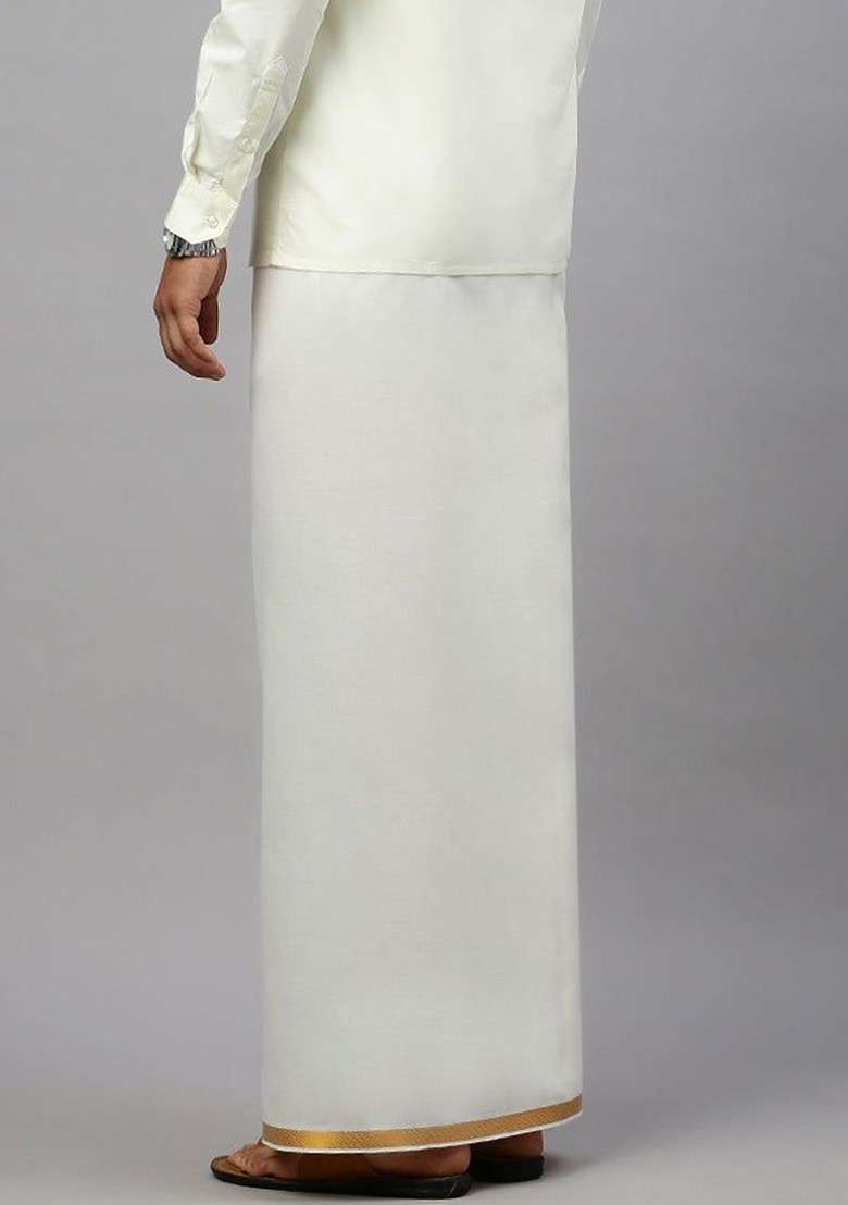 Cream Solid Cotton Adjustable Dhoti With Border For Men - Indya