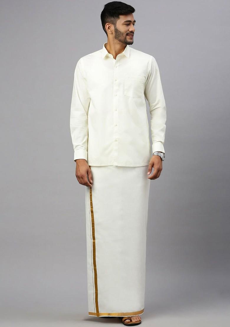 Cream Solid Cotton Adjustable Dhoti With Border For Men - Indya