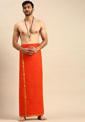 Orange Cotton Orange Solid Devotional Gold Jari Border Single Layer Dhoti For Men