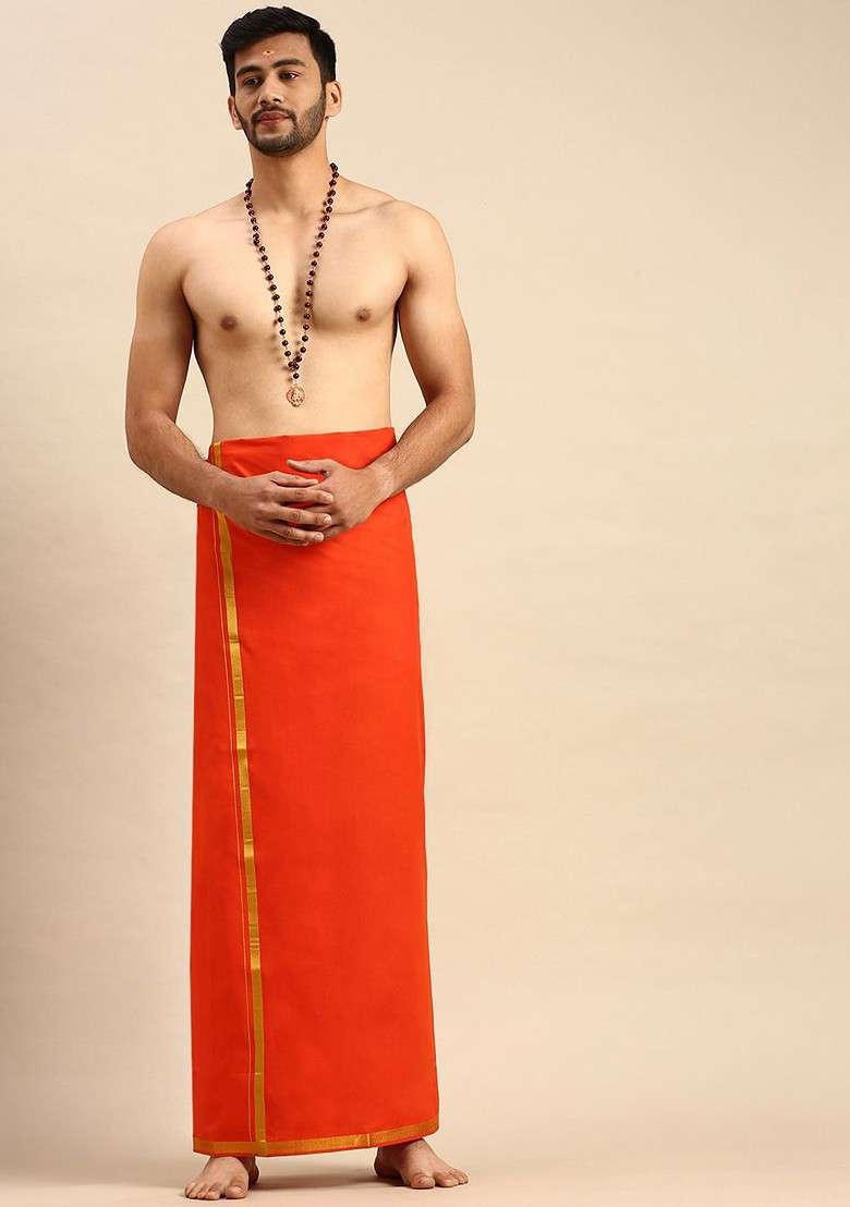 Orange Cotton Orange Solid Devotional Gold Jari Border Single Layer Dhoti For Men - Indya