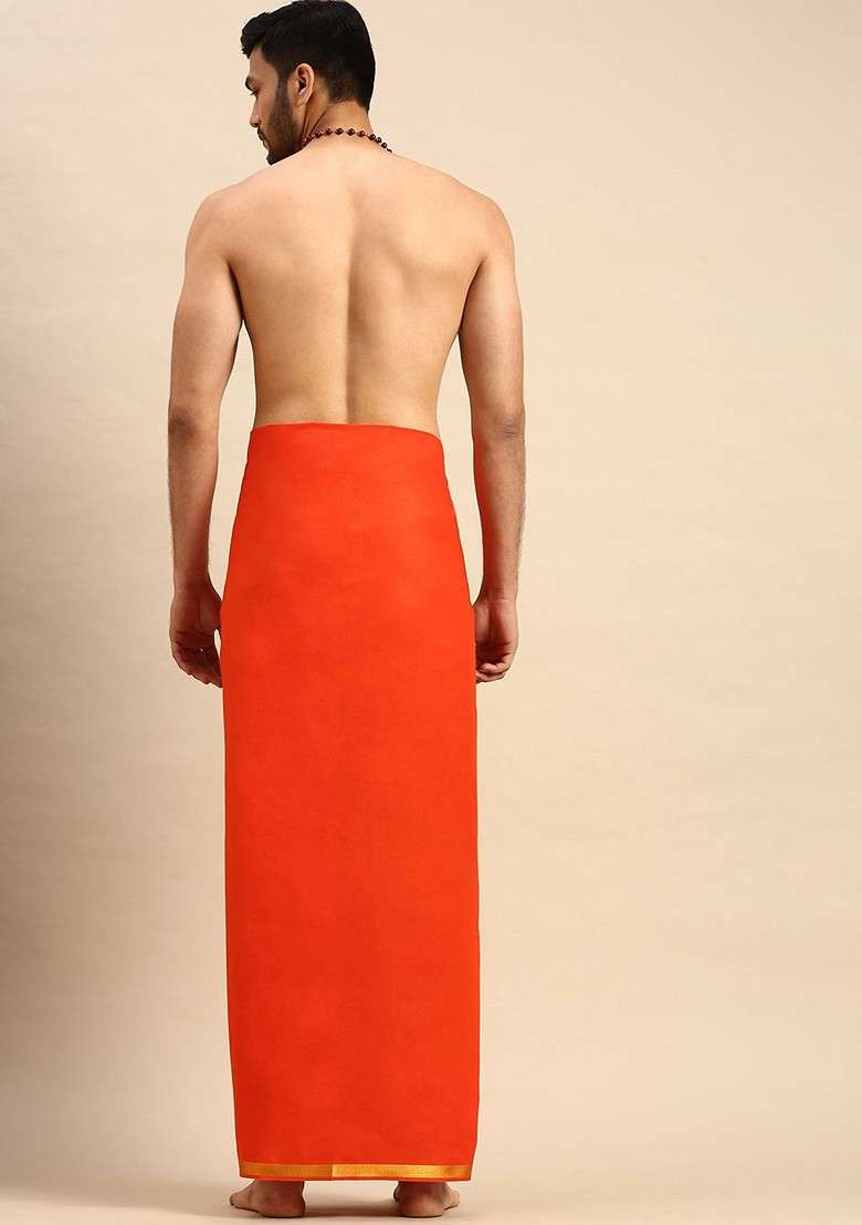Orange Cotton Orange Solid Devotional Gold Jari Border Single Layer Dhoti For Men - Indya
