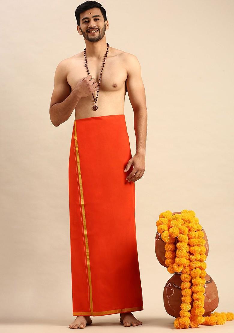 Orange Cotton Orange Solid Devotional Gold Jari Border Single Layer Dhoti For Men - Indya