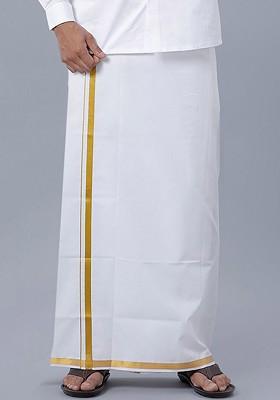 White Cotton Solid Gold Jari Border Single Layer Dhoti For Men