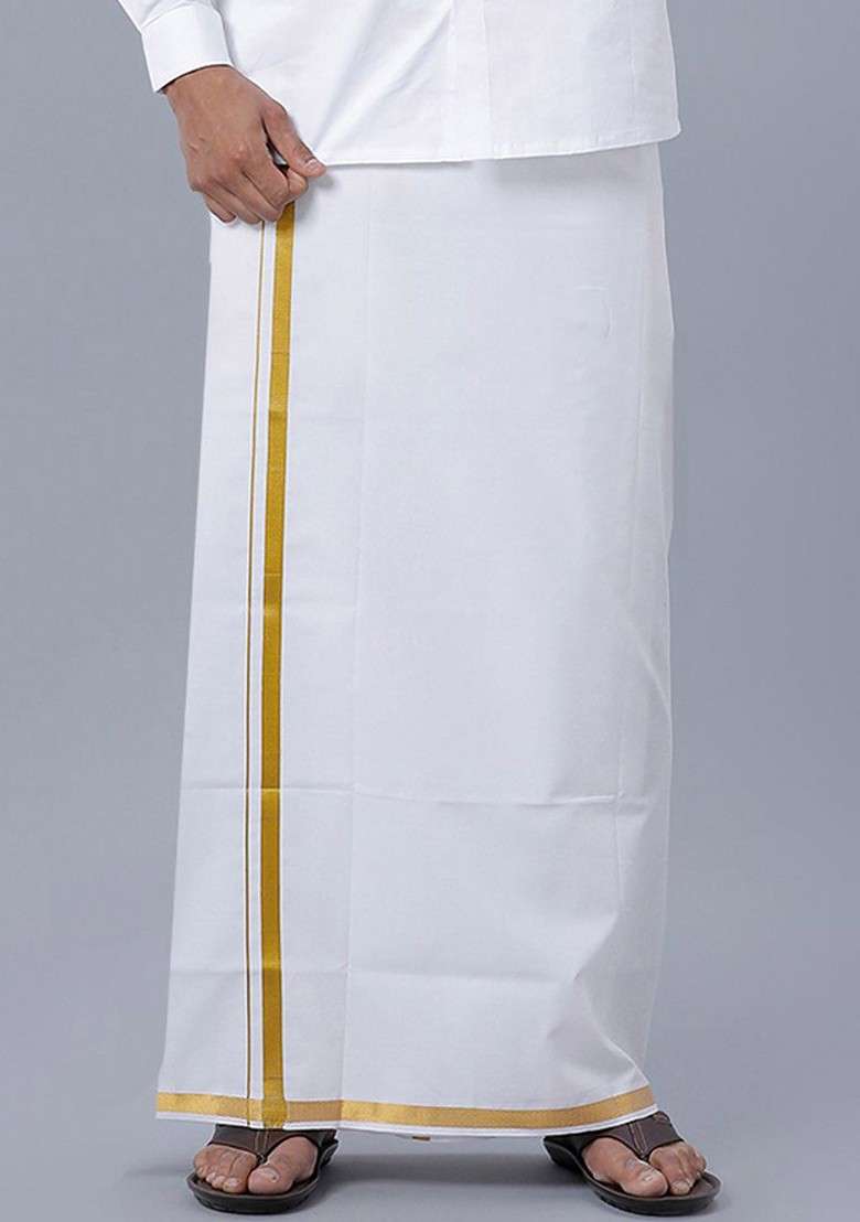 White Cotton Solid Gold Jari Border Single Layer Dhoti For Men - Indya